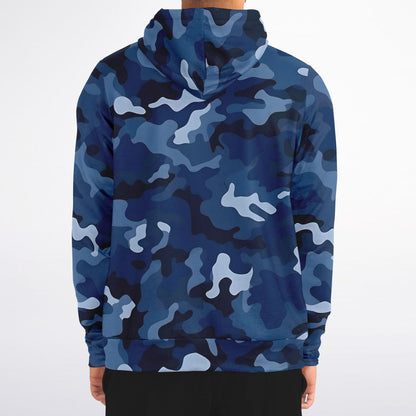 Navy Blue Camo Zip Up Hoodie, Camouflage Full Zipper Pocket Men Women Unisex Adult Aesthetic Graphic Cotton Fleece Hooded Sweatshirt