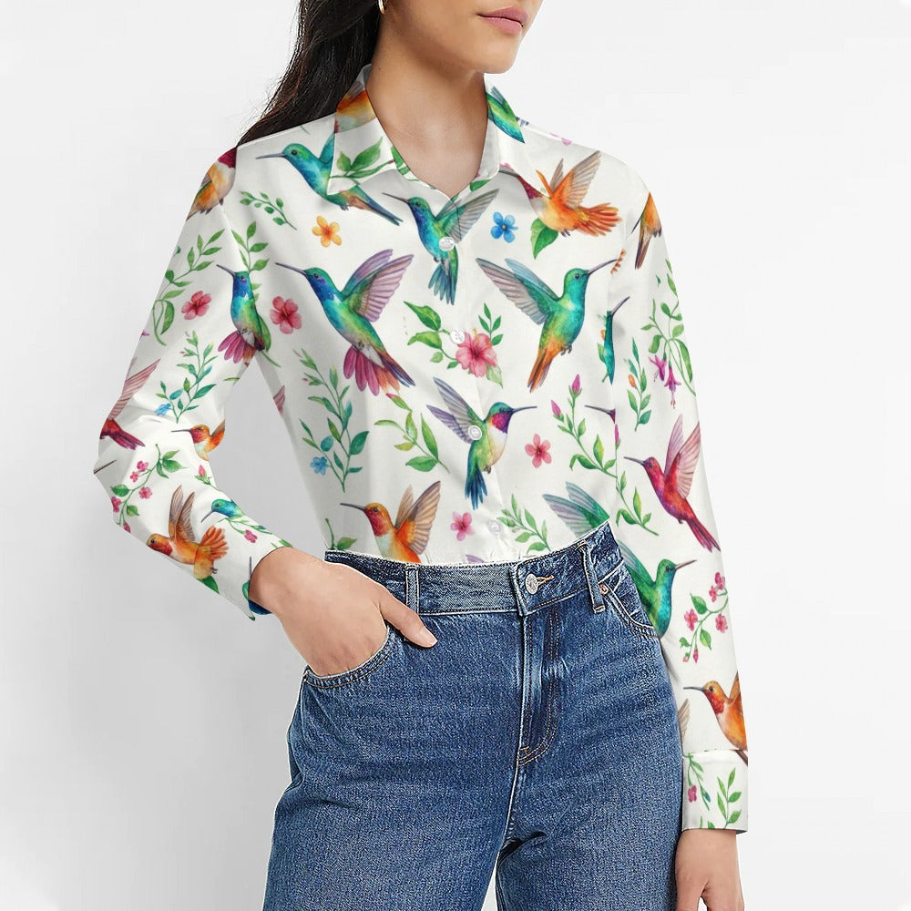 Hummingbird Long Sleeve Shirt Women, Bird Animal Button Up Ladies Blouse Print Buttoned Down Collared Casual Dress Going Out Top - Starcove Fashion