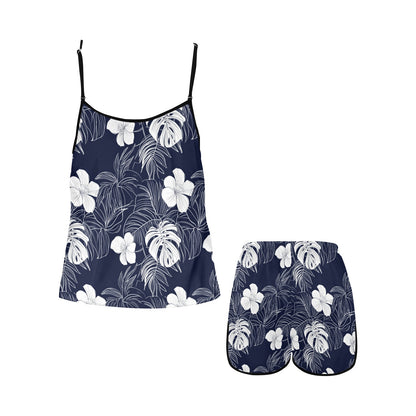 Blue White Pajamas Set, Floral Flowers Navy Women Ladies Sleepwear Short Sleeve Sleep Shirt Shorts Night Wear Plus Size Summer Designer PJs