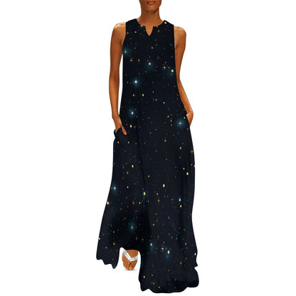 Constellation Maxi Sleeveless Dress, Galaxy Universe Print Space Stars Party Handmade Celestial A Line Women Ladies Cocktail Pockets Long - Starcove Fashion