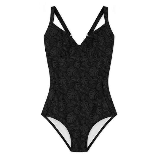 Black Tropical Leaf One Piece Swimsuit Women, Palm Tree Monstera Cute Designer Swim Swimming Sexy Bathing Suits Body Ladies Swimwear