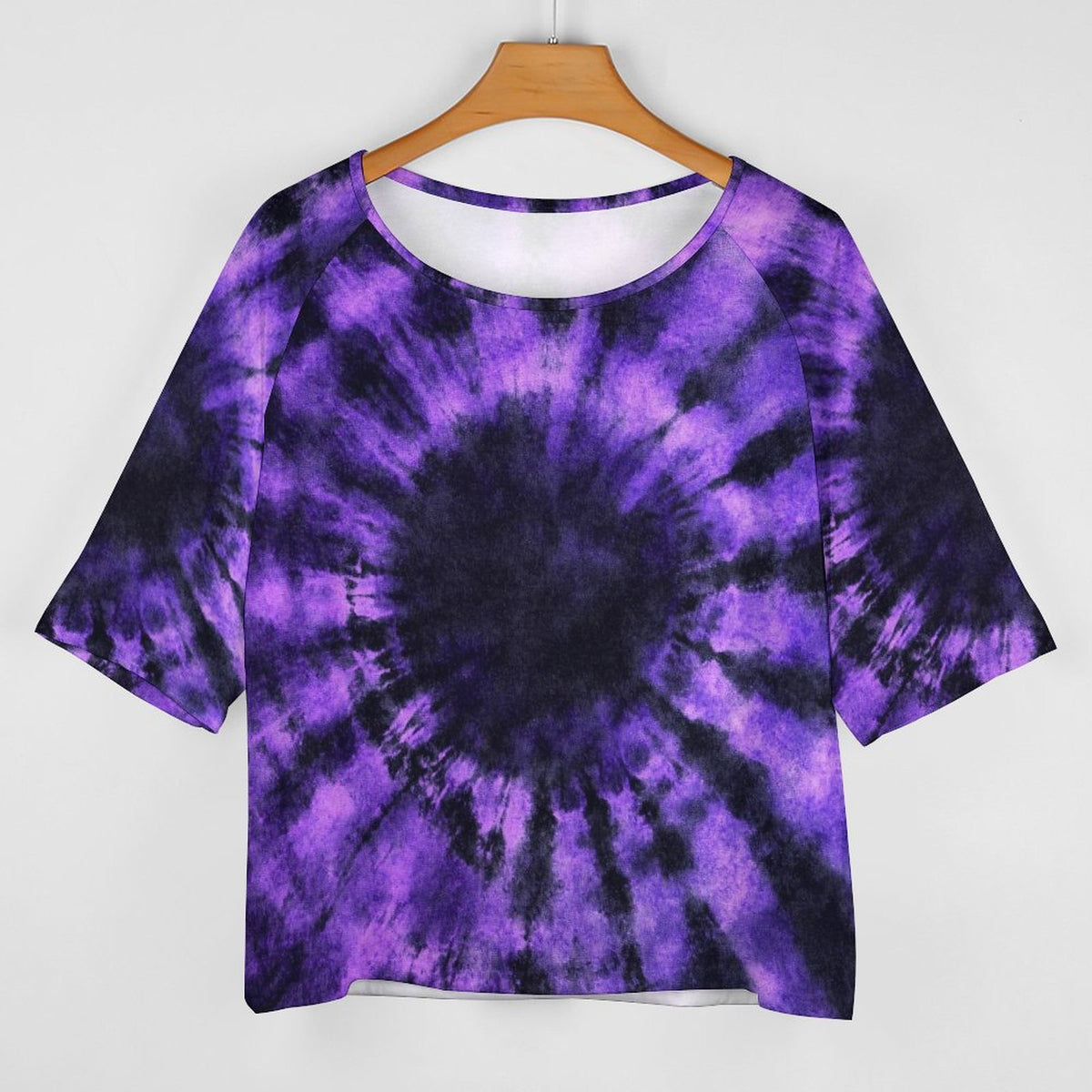 Black Purple Tie Dye Off the Shoulder Top Tshirt, Spiral Dark Retro Women Ladies Half Sleeve Shirt Blouse Loose Relaxed Fit Festival Casual - Starcove Fashion