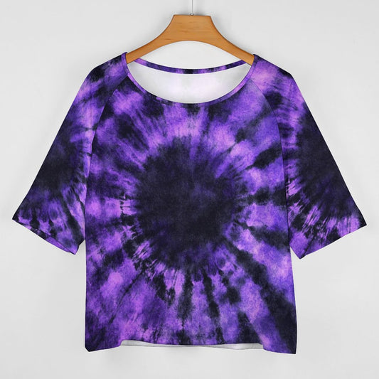 Black Purple Tie Dye Off the Shoulder Top Tshirt, Spiral Dark Retro Women Ladies Half Sleeve Shirt Blouse Loose Relaxed Fit Festival Casual