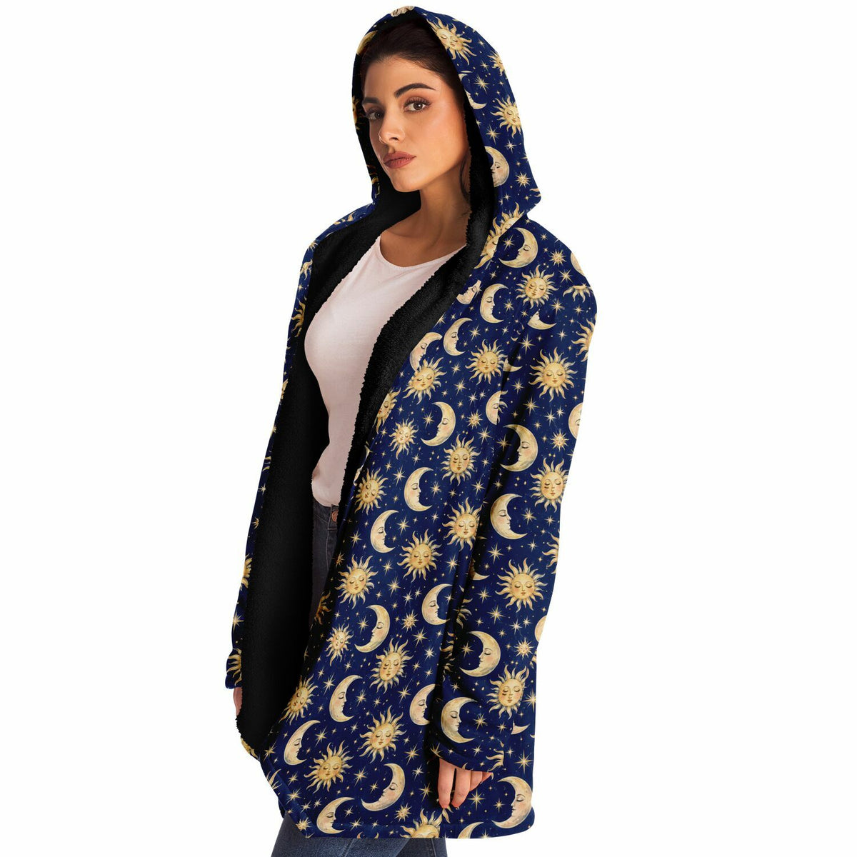 Sun Moon Hooded Cloak, Blue Navy Celestial Cosmic Space Coat Men Women Ladies Winter Warm Mink Fleece Blanket Robe Wearable Cape Pockets
