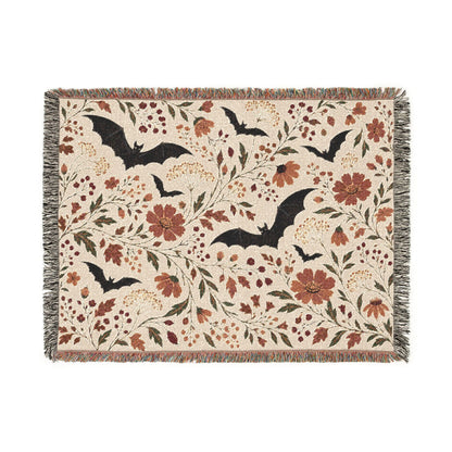 Bat Floral Woven Throw Blanket Tapestry, Halloween Autumn Fall Boho Cotton Fringe Warm Adult Kids Small Large Sofa Bed 50x60 Wall Hanging