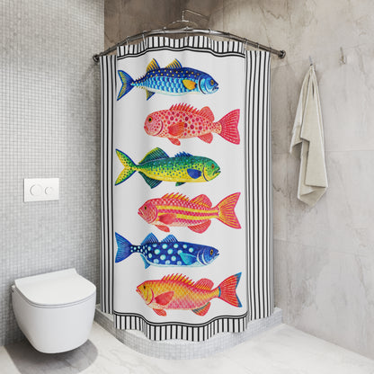 Coastal Fish Shower Curtain, Colorful Marine Life Black White Stripes Nautical Bathroom Decor Beach House Ocean Housewarming Gift 71" x 74"