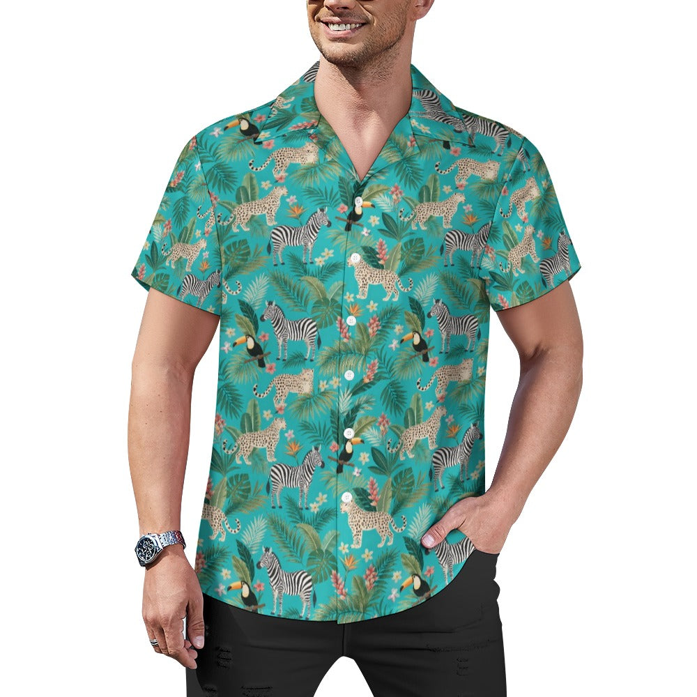 Animal Print Men Button Up Shirt, Leopard Teal Jungle Short Sleeve Print Casual Buttoned Down Summer Male Guys Collared Designer Dress