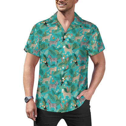 Animal Print Men Button Up Shirt, Leopard Teal Jungle Short Sleeve Print Casual Buttoned Down Summer Male Guys Collared Designer Dress