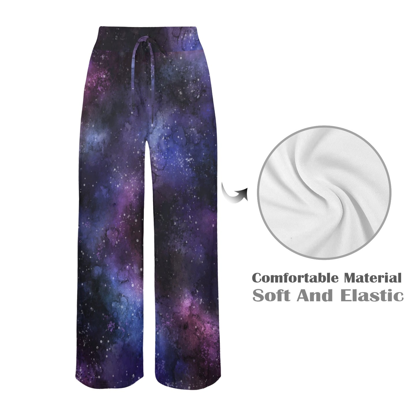 Galaxy Stars Women Wide Leg Pants Pockets, Space Purple Universe Print Yoga Trousers High Waisted Ladies Comfy Drawstring Lounge Flowy