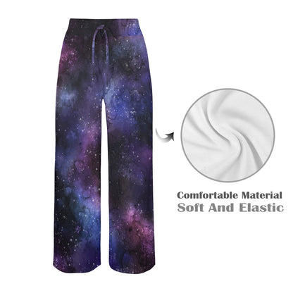 Galaxy Stars Women Wide Leg Pants Pockets, Space Purple Universe Print Yoga Trousers High Waisted Ladies Comfy Drawstring Lounge Flowy