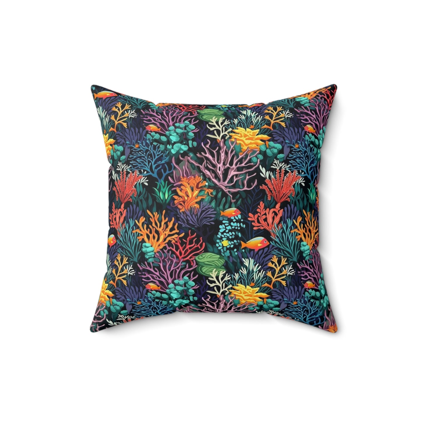 Coral Reef Filled Pillow with Insert, Coastal Ocean Tropical Fish Beach Square Throw Accent Decorative Room Decor Floor Sofa Couch Cushion