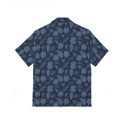 Navy Blue Men Luxury Hawaiian Camp Shirt, Palm Tree Leaf Print Linen Look Summer Hawaii Aloha Tropical Beach Button Up Resort Shirt - Starcove Fashion