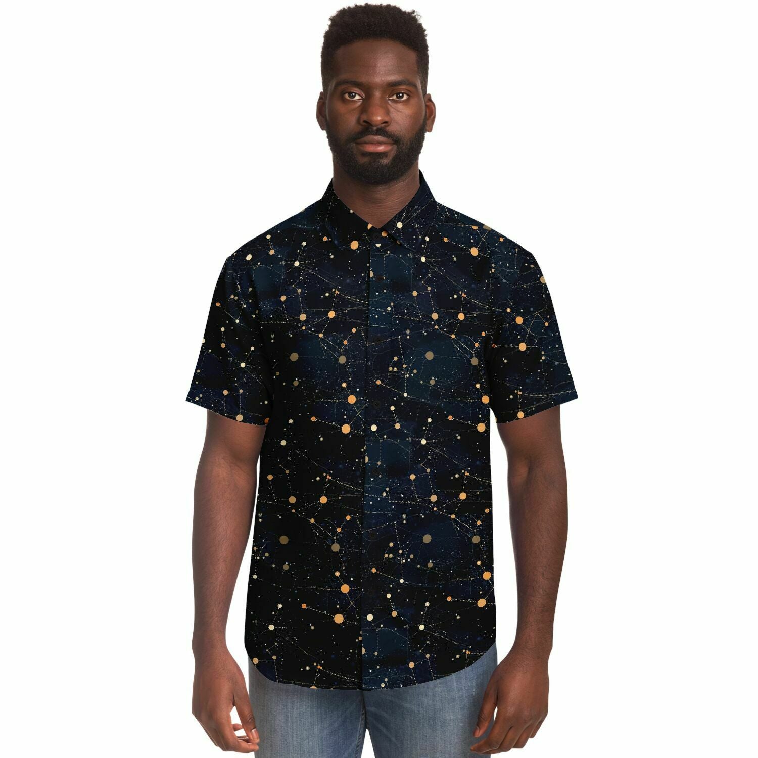 Constellation Short Sleeve Men Button Up Shirt, Space Stars