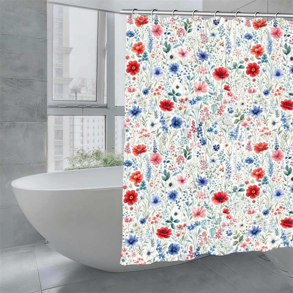 Red Blue Floral Shower Curtain with Hooks Rings, Nature Flowers White Fabric Waterproof Unique Bath Bathroom Decor Housewarming Home Gift