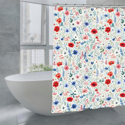 Red Blue Floral Shower Curtain with Hooks Rings, Nature Flowers White Fabric Waterproof Unique Bath Bathroom Decor Housewarming Home Gift