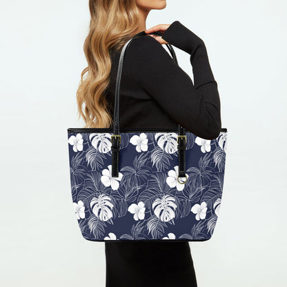Navy Blue White Floral Tote Bag Purse, Hibiscus Flowers Art Women Vegan Leather Handbag  Zip on Top Designer Handmade Shoulder Ladies Bag