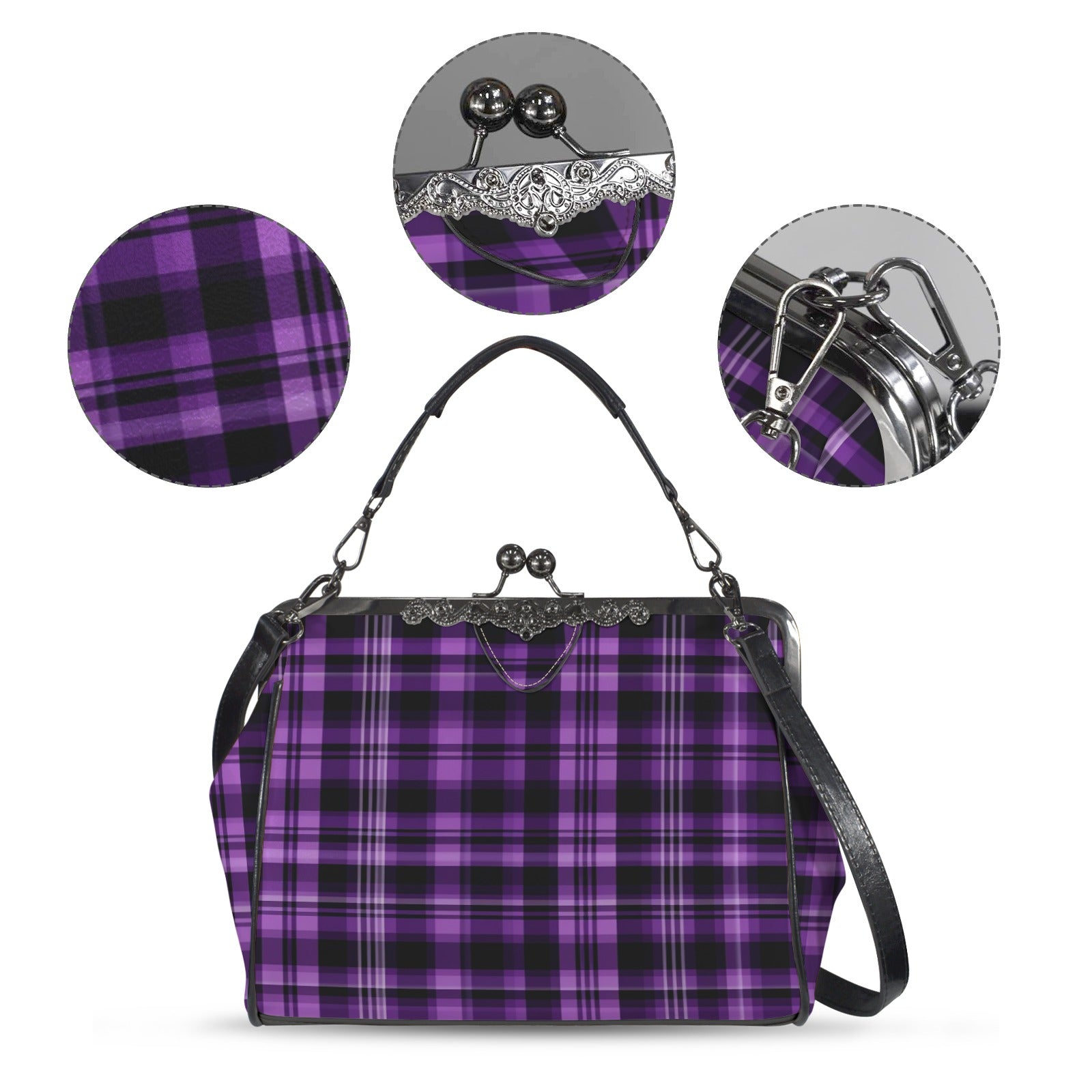 Purple Kiss Lock Purse Handbag, Plaid Tartan Print Vegan Leather Vintage Designer Shoulder Crossbody Top Handle Clasp Bag - Starcove Fashion