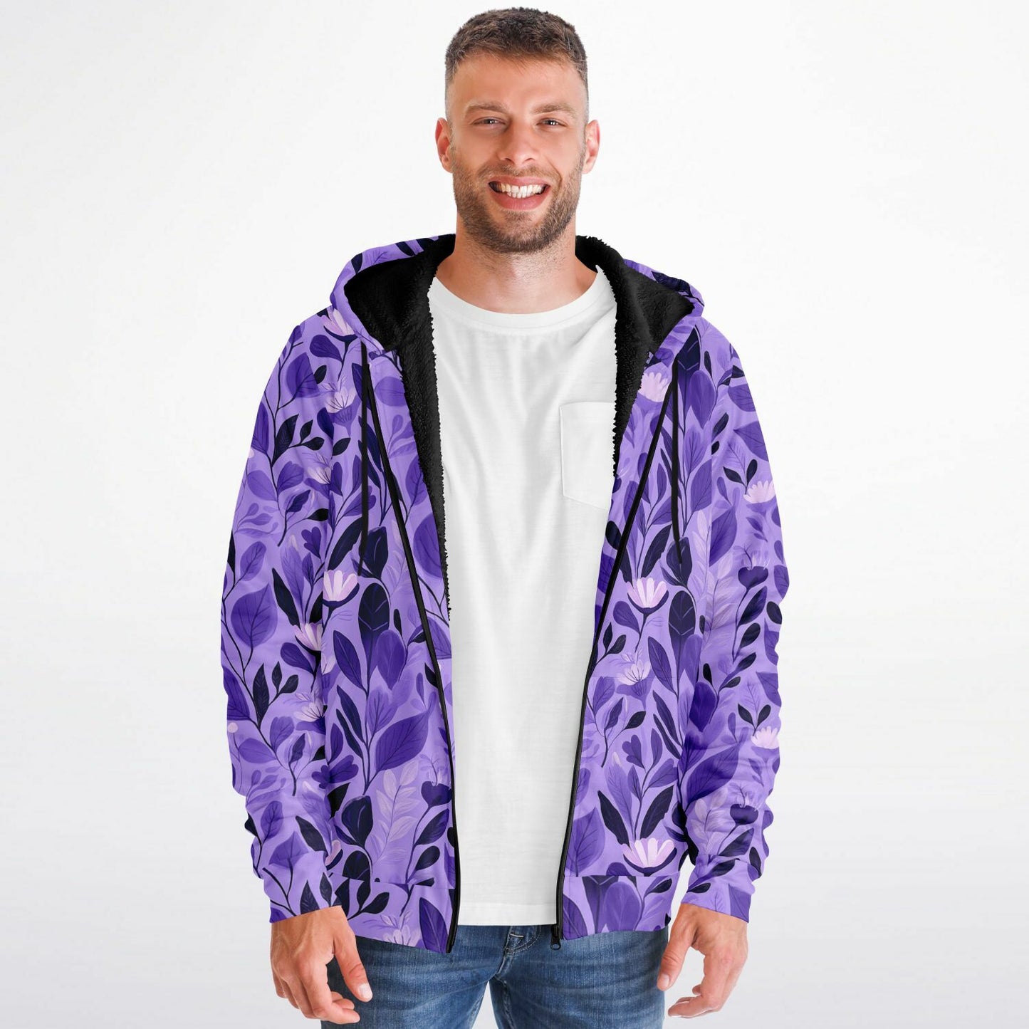 Purple Floral Zip Up Fleece Lined Hoodie, Flowers Heavyweight Full Zipper Pocket Men Women Unisex Aesthetic Graphic Hooded Sweatshirt Jacket