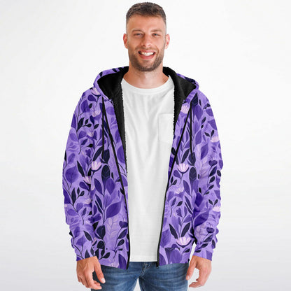 Purple Floral Zip Up Fleece Lined Hoodie, Flowers Heavyweight Full Zipper Pocket Men Women Unisex Aesthetic Graphic Hooded Sweatshirt Jacket