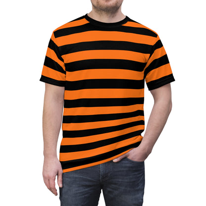 Orange Black Striped Tshirt, Stripe Designer Graphic Aesthetic Lightweight Heavyweight Crewneck Men Women Tee Top Short Sleeve Shirt