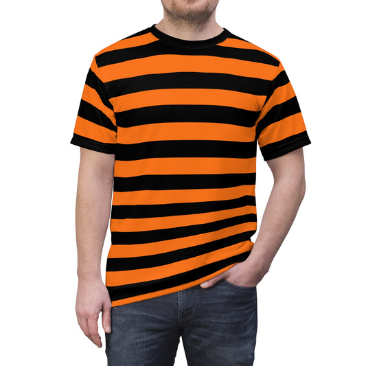 Orange Black Striped Tshirt, Stripe Designer Graphic Aesthetic Lightweight Heavyweight Crewneck Men Women Tee Top Short Sleeve Shirt