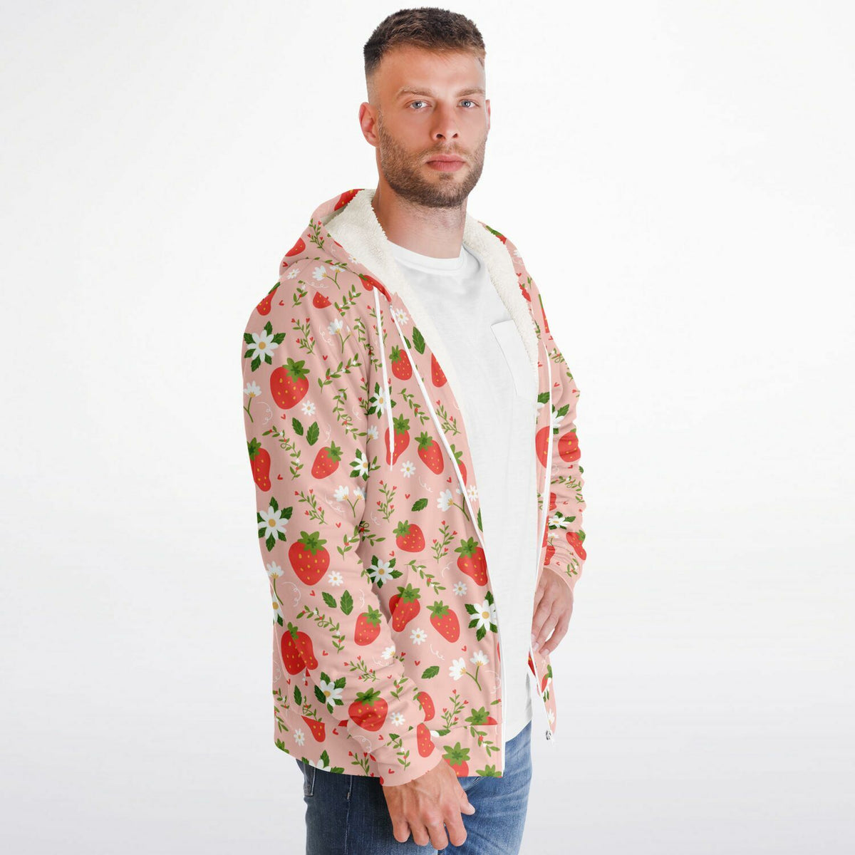 Strawberry Zip Up Fleece Lined Hoodie, Pink Floral Flowers Sherpa Heavyweight Full Zipper Men Women Unisex Graphic Hooded Sweatshirt Jacket