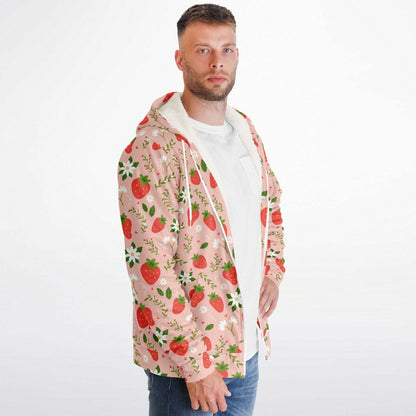Strawberry Zip Up Fleece Lined Hoodie, Pink Floral Flowers Sherpa Heavyweight Full Zipper Men Women Unisex Graphic Hooded Sweatshirt Jacket