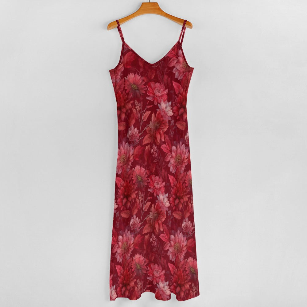 Red Floral Maxi Dress, Flowers Long Spaghetti Straps Flowy Women Sleeveless Casual Cute Designer Elegant Plus Size Cocktail Party Summer