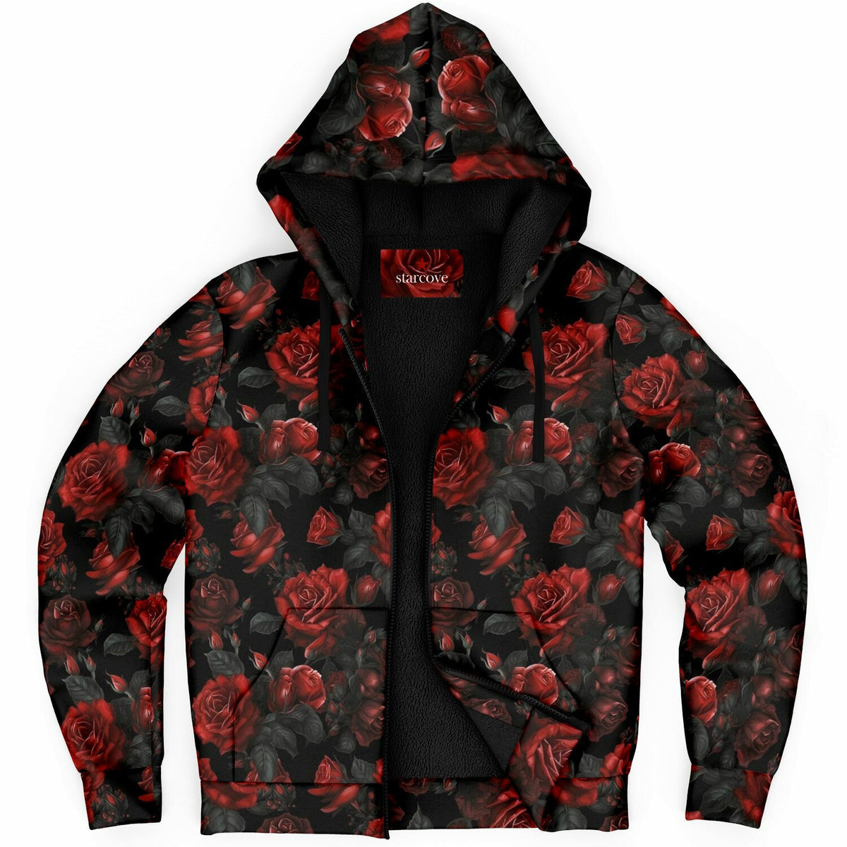 Red Roses Zip Up Fleece Lined Hoodie, Floral Flowers Sherpa Heavyweight Full Zipper Pocket Men Women Unisex Graphic Hooded Sweatshirt Jacket