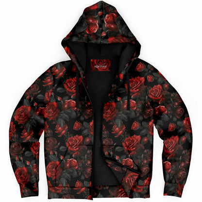 Red Roses Zip Up Fleece Lined Hoodie, Floral Flowers Sherpa Heavyweight Full Zipper Pocket Men Women Unisex Graphic Hooded Sweatshirt Jacket
