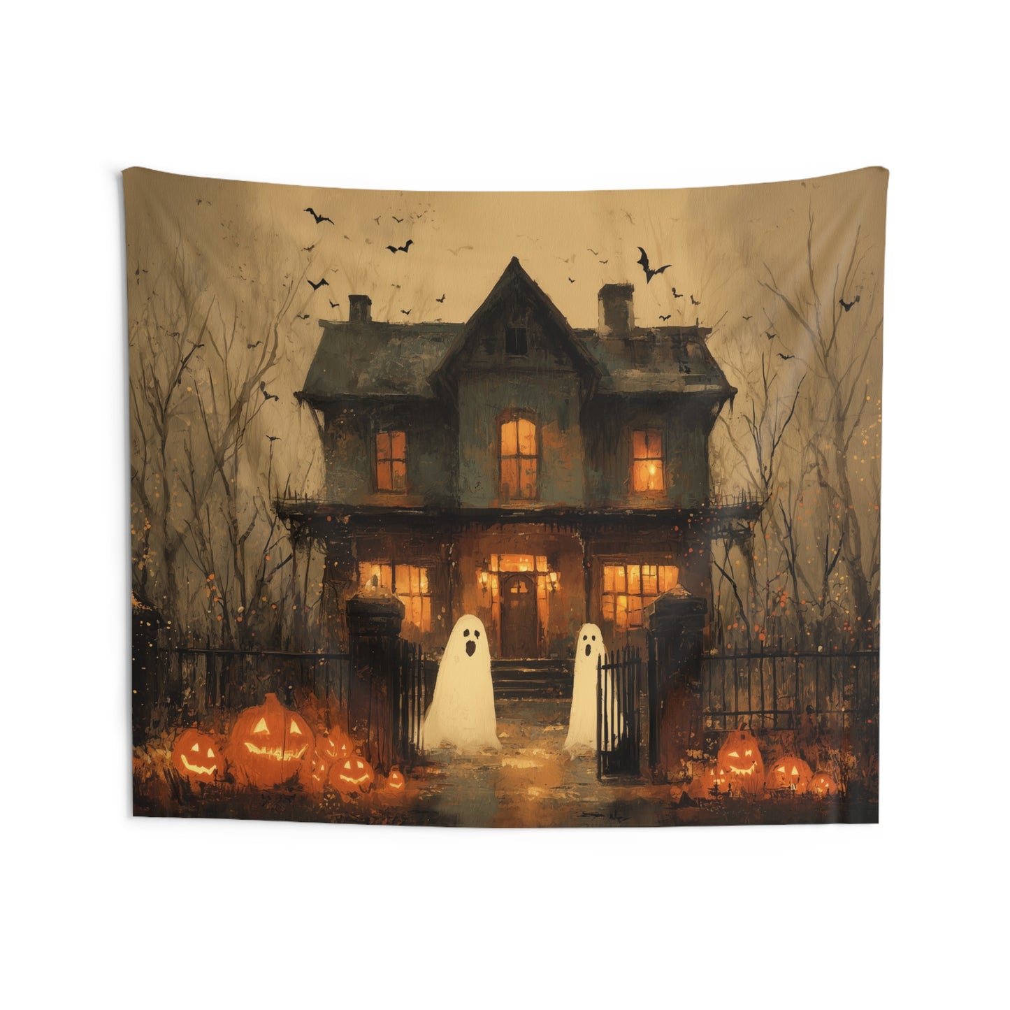 Halloween Tapestry, Haunted House Ghosts Pumpkins Spooky Bats Wall Art Hanging Horizontal Large Small Decor Bedroom College Dorm Room