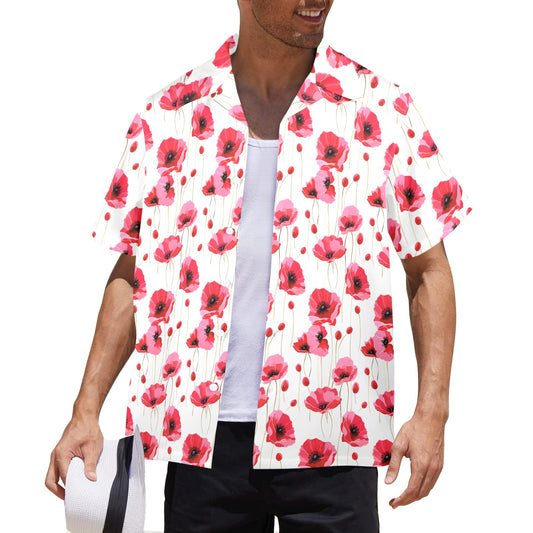 California Poppy Men Hawaiian shirt, Red Floral Flowers Beach Vintage Aloha Hawaii Retro Tropical Plus Size Pocket Guys Button Down