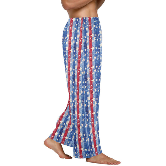 Red White Blue Striped Men Pajamas Pants, American USA Stripes Satin PJ Pockets Sleep Trousers Sleepwear Guys Male Long Lounge Bottoms - Starcove Fashion
