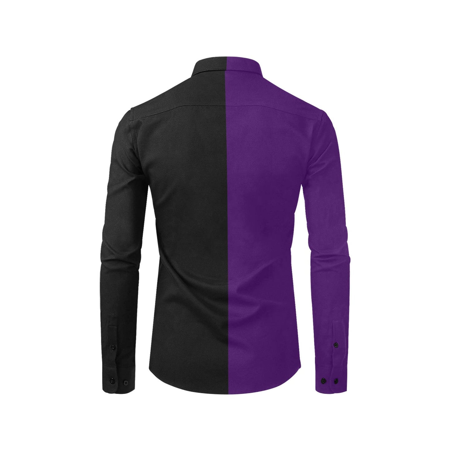 Half Black Half Purple Long Sleeve Men Button Up Shirt, Color Block Split Two Tone Combo Print Buttoned Collared Casual Dress Chest Pocket