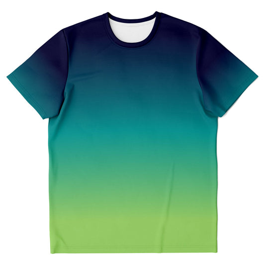 Green and Blue Ombre Tshirt, Gradient Tie Dye Designer Graphic Aesthetic Crewneck Men Women Tee Top Short Sleeve Casual Shirt