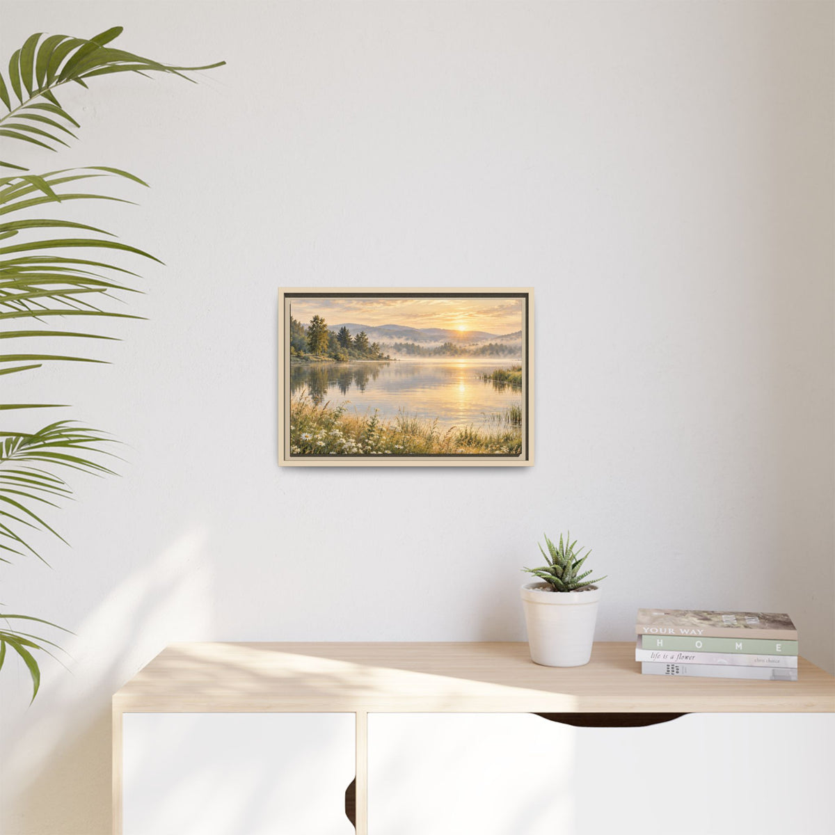 Misty Meadow Lake Wood Framed Canvas, Wildflower Farmhouse Wall Art Print Artwork Decor Small Large Hanging Matte Landscape Square Poster