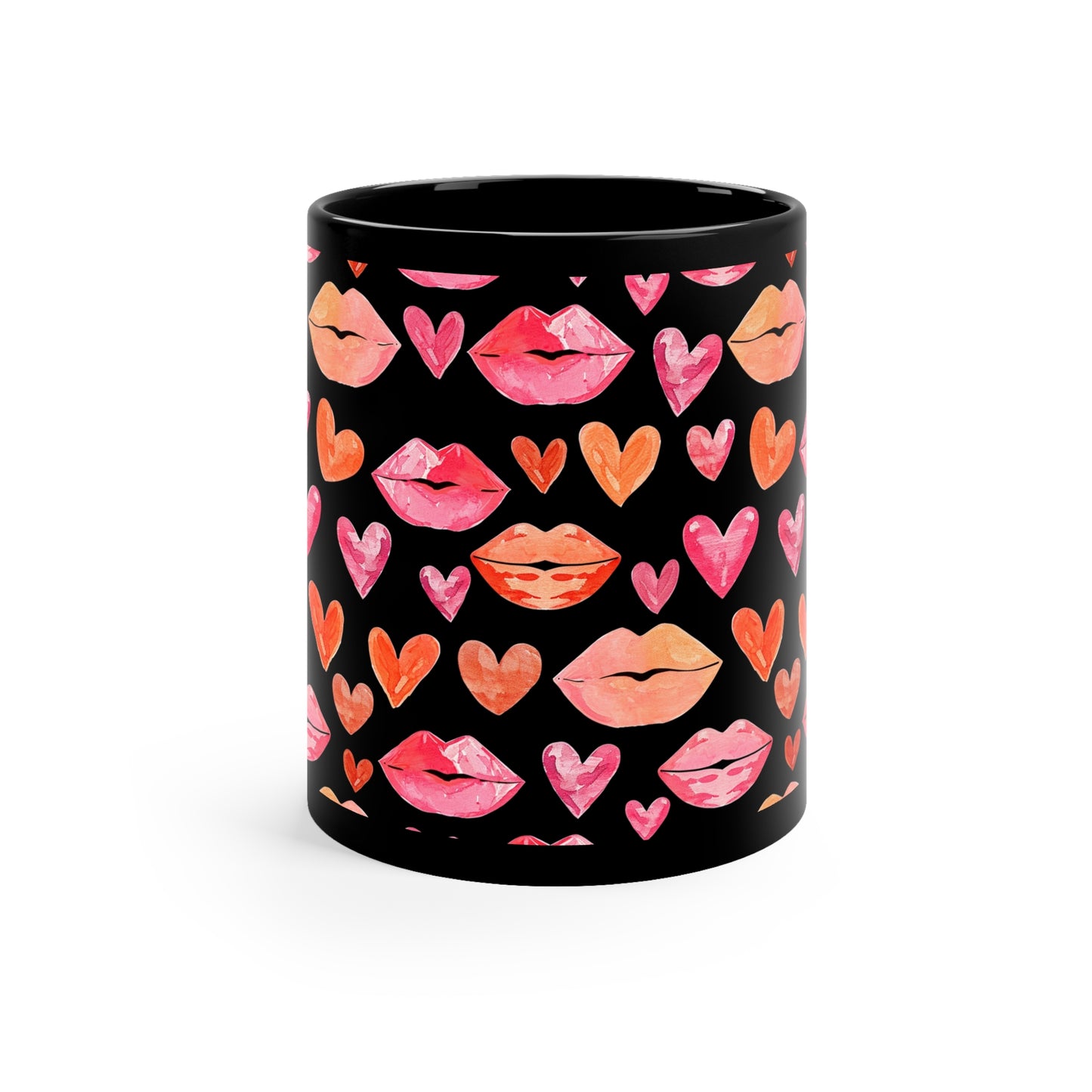 Red Hearts Kisses Coffee Mug, Art Valentine Day Lips Love Black Ceramic Cup Tea Hot Lover Unique Microwave Safe Novelty Cool Gift