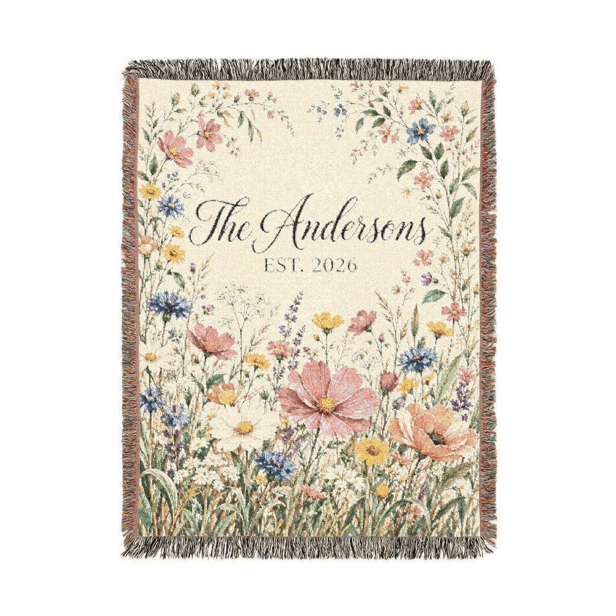 Custom Family Name Woven Blanket Tapestry, Wildflowers Throw Floral Botanical Personalized Wedding Anniversary Engagement Cotton Small Large