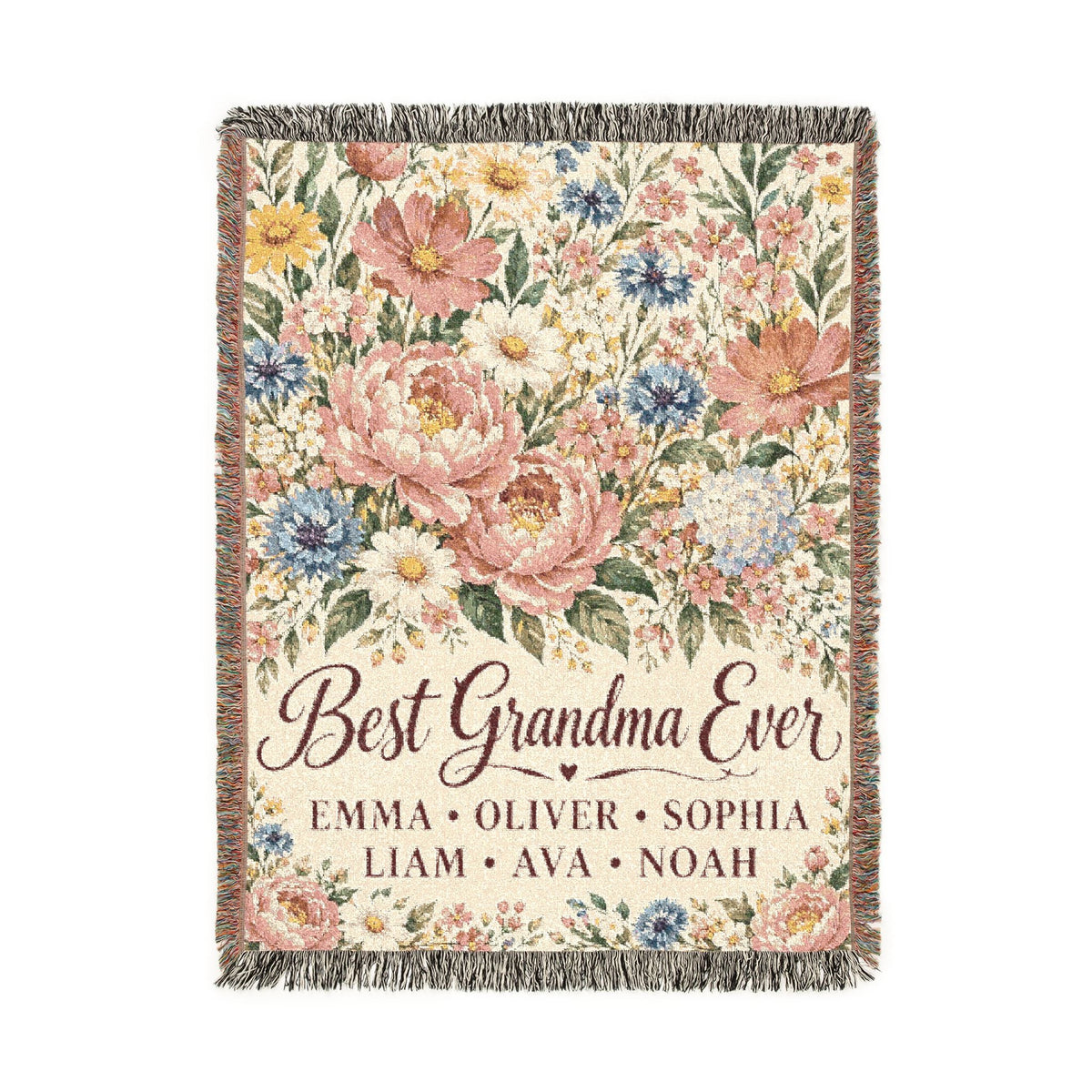 Personalized Grandmother Woven Blanket Tapestry, Grandma Nana Floral Throw Custom Kids Names Mimi First Time Cotton Small Large Wall Hanging