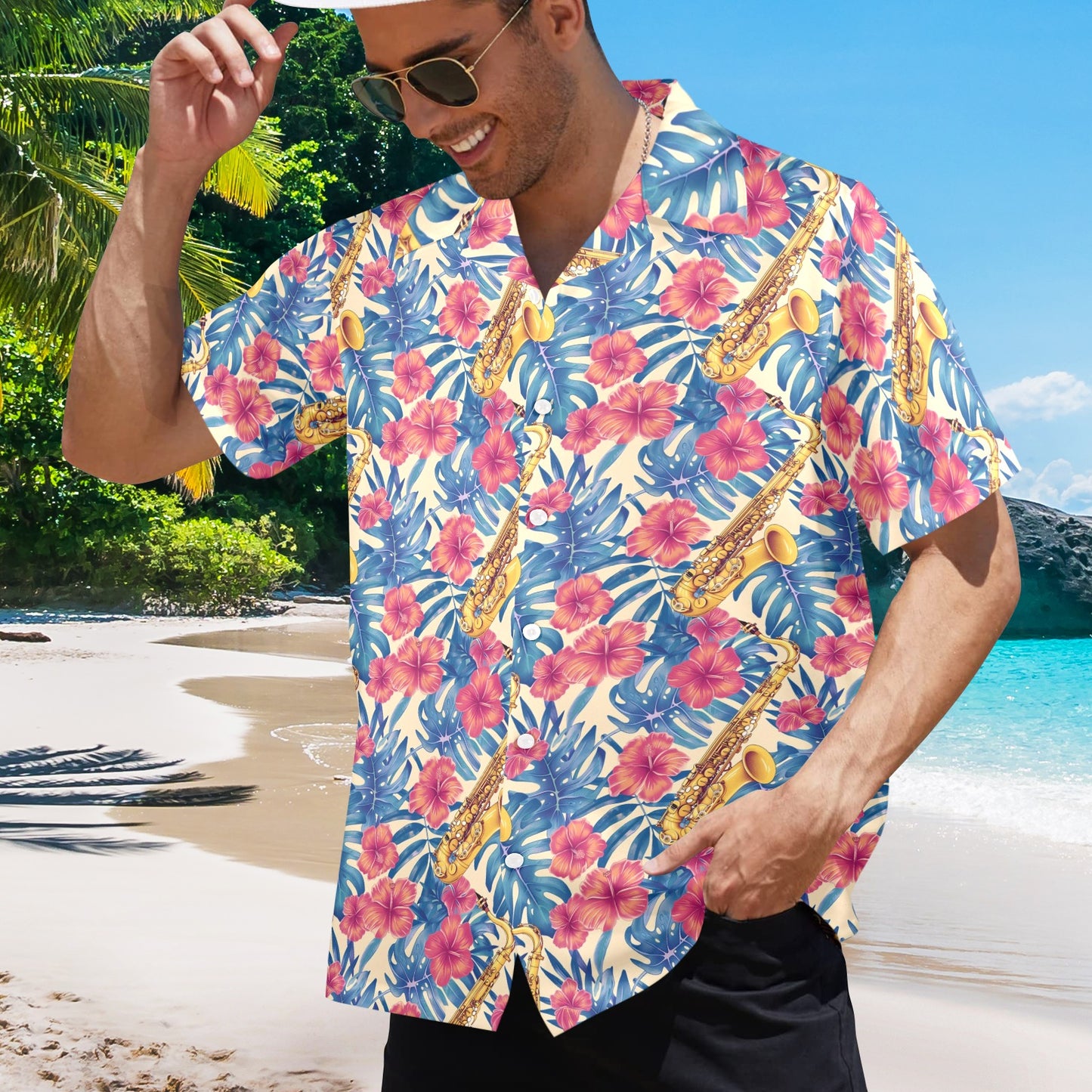 Saxophone Men Hawaiian shirt, Music Jazz Floral Flowers Beach Red Blue Vintage Aloha Hawaii Retro Tropical Plus Size Pocket Guys Button Down