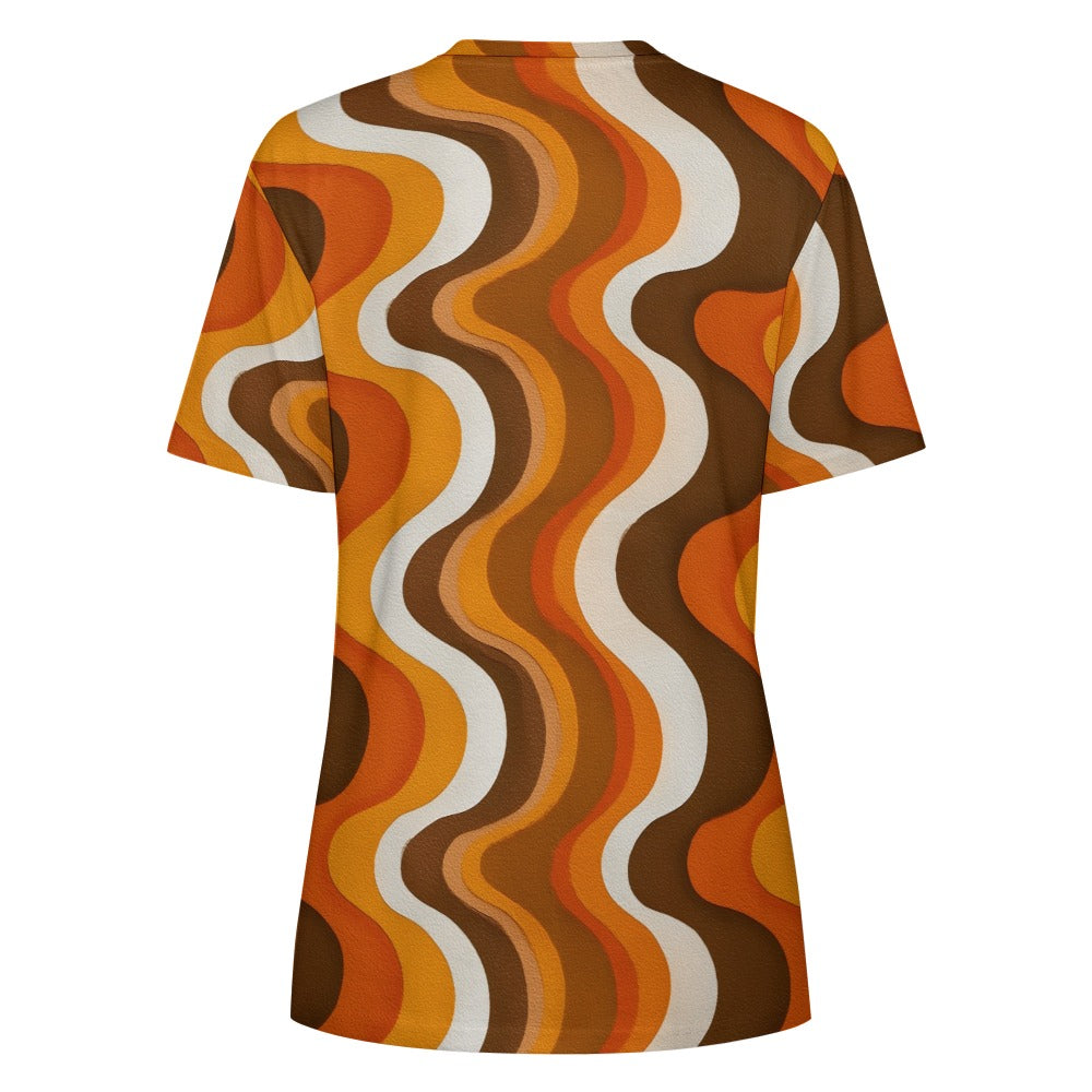 Vintage Retro Women Cotton Tshirt, 70s Brown Wavy Stripes Ladies Female Designer Adult Graphic Aesthetic Fitted Crewneck Tee Shirt Top - Starcove Fashion
