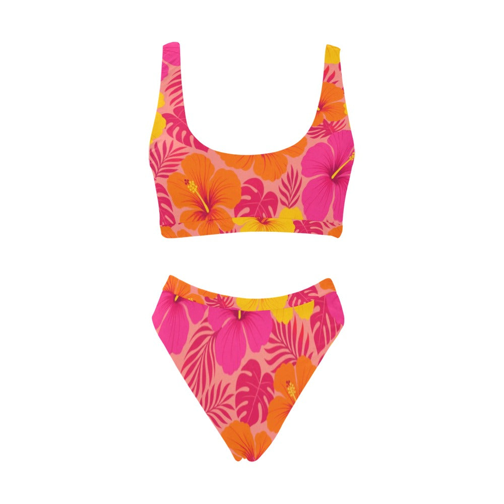 Matching Couple Swimwear Set, Tropical Hibiscus Bikini Set Pink Orange Floral Top High Waisted Cheeky Bottom Swimsuit Bathing Suit Two Piece