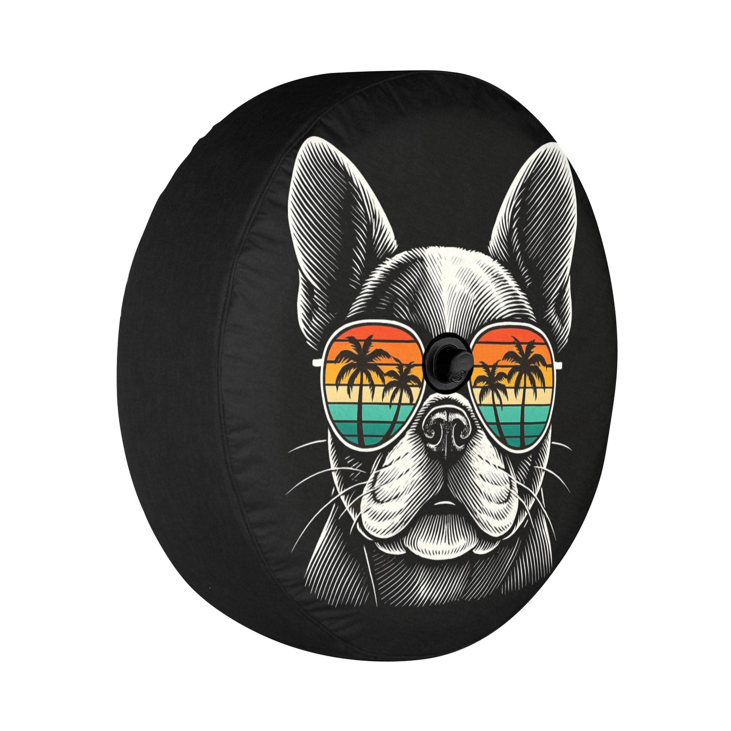 French Bulldog Dog Spare Tire Cover, Sunglasses Palm Tree Beach Puppy Backup Camera Hole Wheel Unique RV Back Cars Men Women Trailer Campers