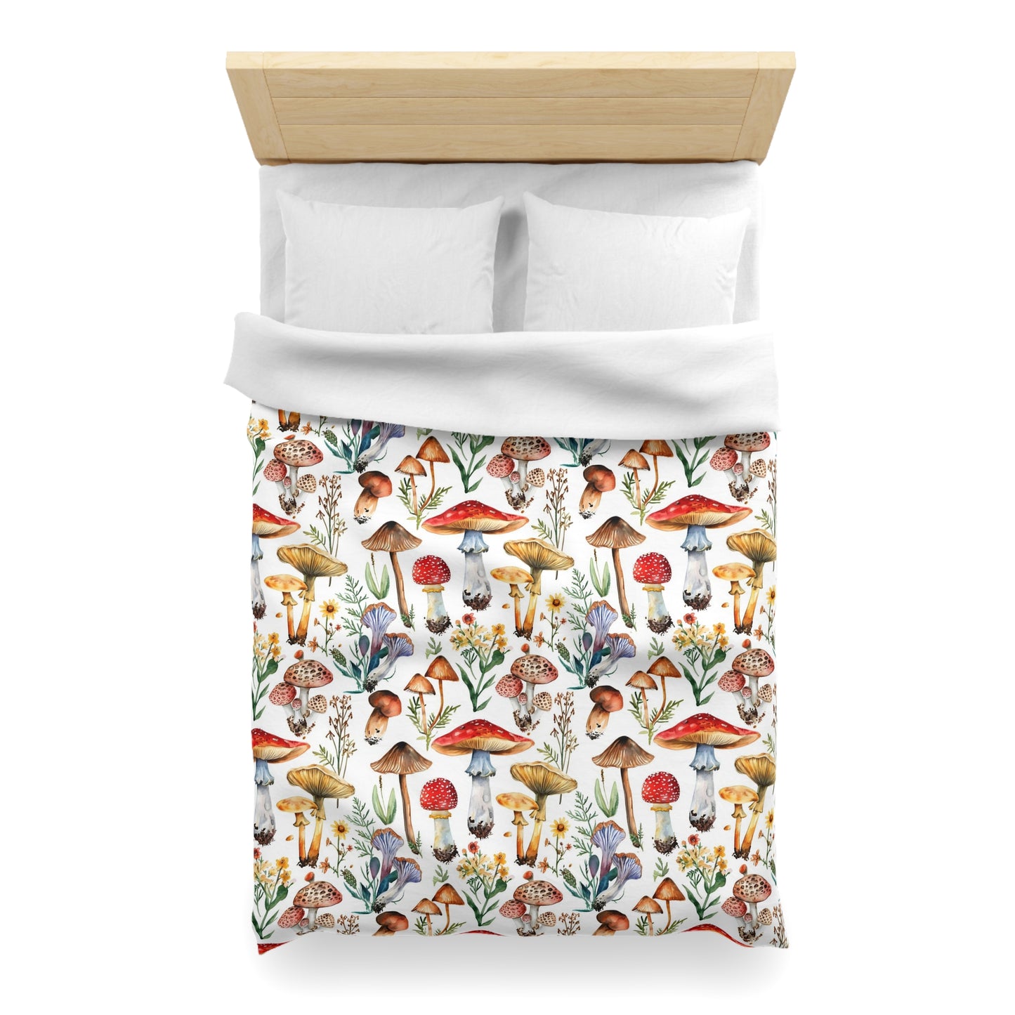 Mushroom Duvet Cover, Cottagecore White Floral Flowers Bedding Queen King Full Twin XL Microfiber Unique Designer Bed Quilt Bedroom