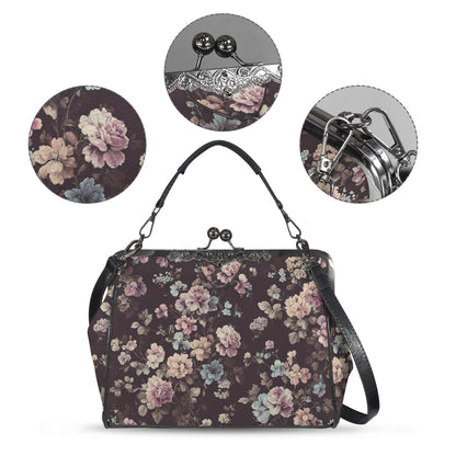 Rococo Floral Kiss Lock Purse Handbag, Purple Pink Flowers Retro Vegan Leather Vintage Designer Shoulder Crossbody Top Handle Clasp Bag