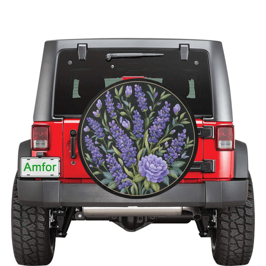 Purple Flowers Spare Tire Cover, Lilac Lavender Floral Faux Embroidery Print Floral Wheel Auto Car Backup Camera Hole Trailer Back Women RV