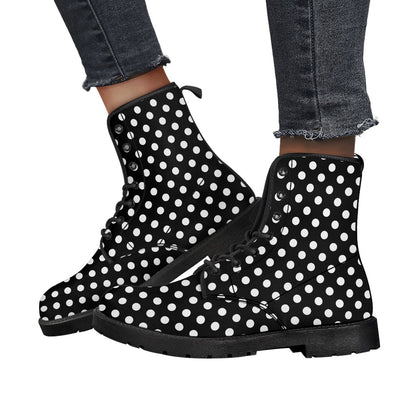 Polka Dots Leather Boots, Black White Retro Vintage Lace Up Shoes Hiking Women Men Female Festival Ankle Combat Work Winter Casual Custom