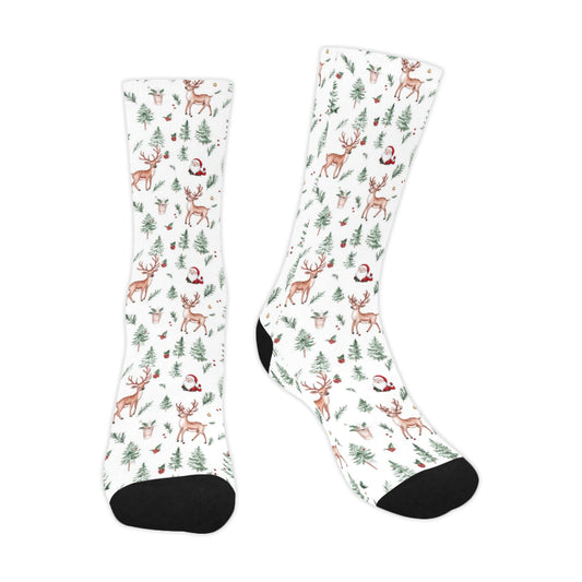 White Christmas Socks, Reindeer Trees Santa Xmas Holidays Crew Sublimation Women Men Designer Fun Novelty Cool Funky Crazy Casual Unique