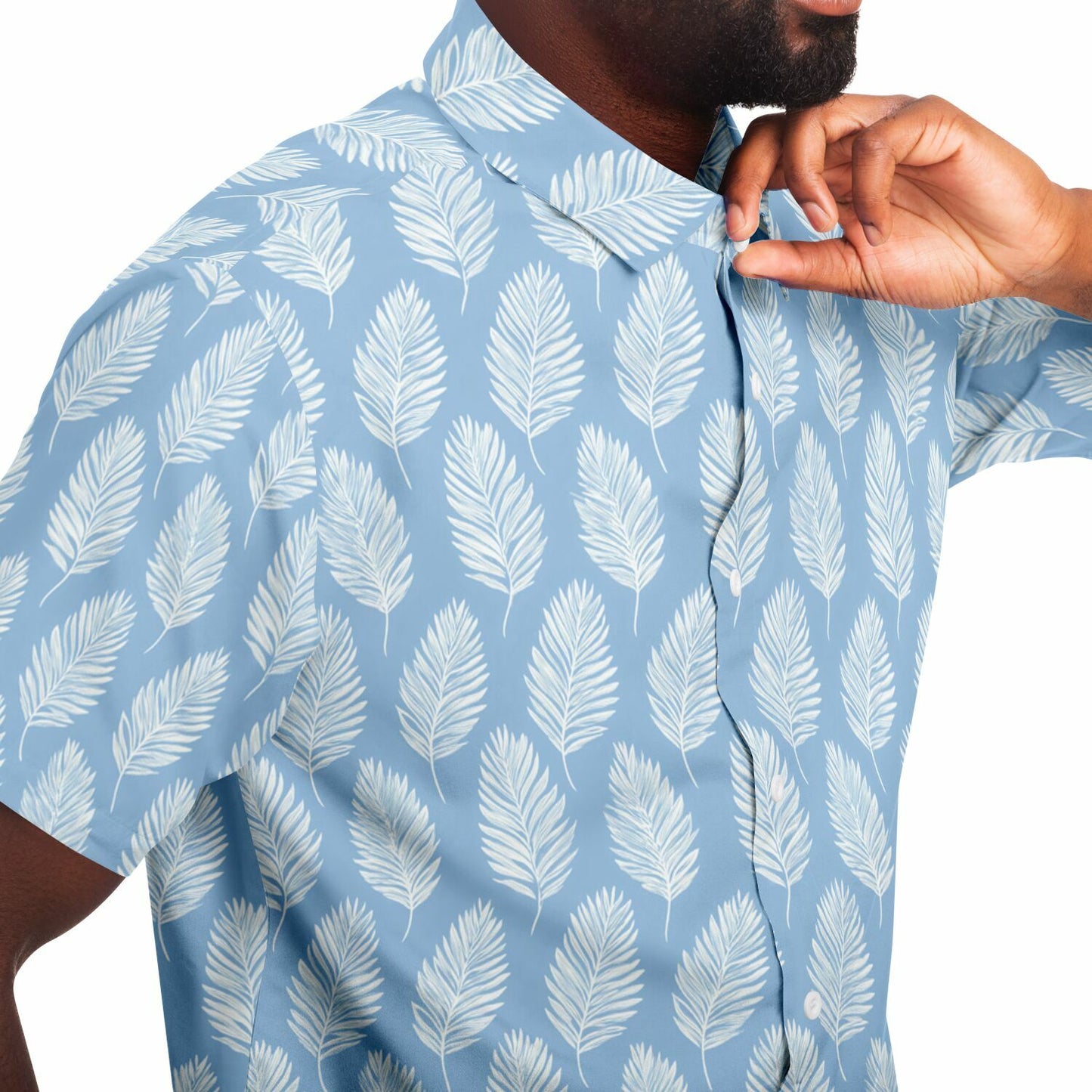 Light Blue Men Button Up Shirt, Palm Tree Leaf White Short Sleeve Print Casual Buttoned Down Summer Male Guys Collared Designer Dress