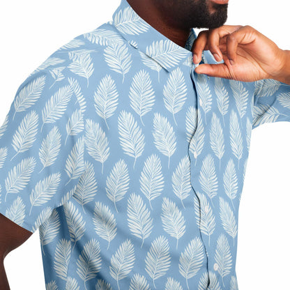 Light Blue Men Button Up Shirt, Palm Tree Leaf White Short Sleeve Print Casual Buttoned Down Summer Male Guys Collared Designer Dress
